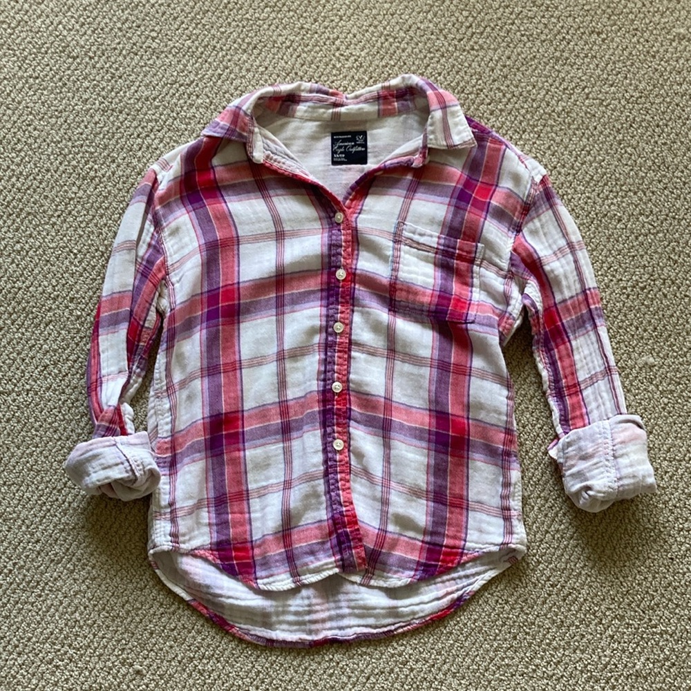 American Eagle Boyfriend Fit Flannel Plaid Button Down Oversized Shirt XS VEUC